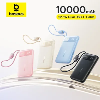베이스어스 10000mAh 파워뱅크 22.5W 내장형 듀얼 USB-C 케이블 슬림형 고속 충전 아이폰 17 프로 맥스 삼성 S25 샤오미 포코용